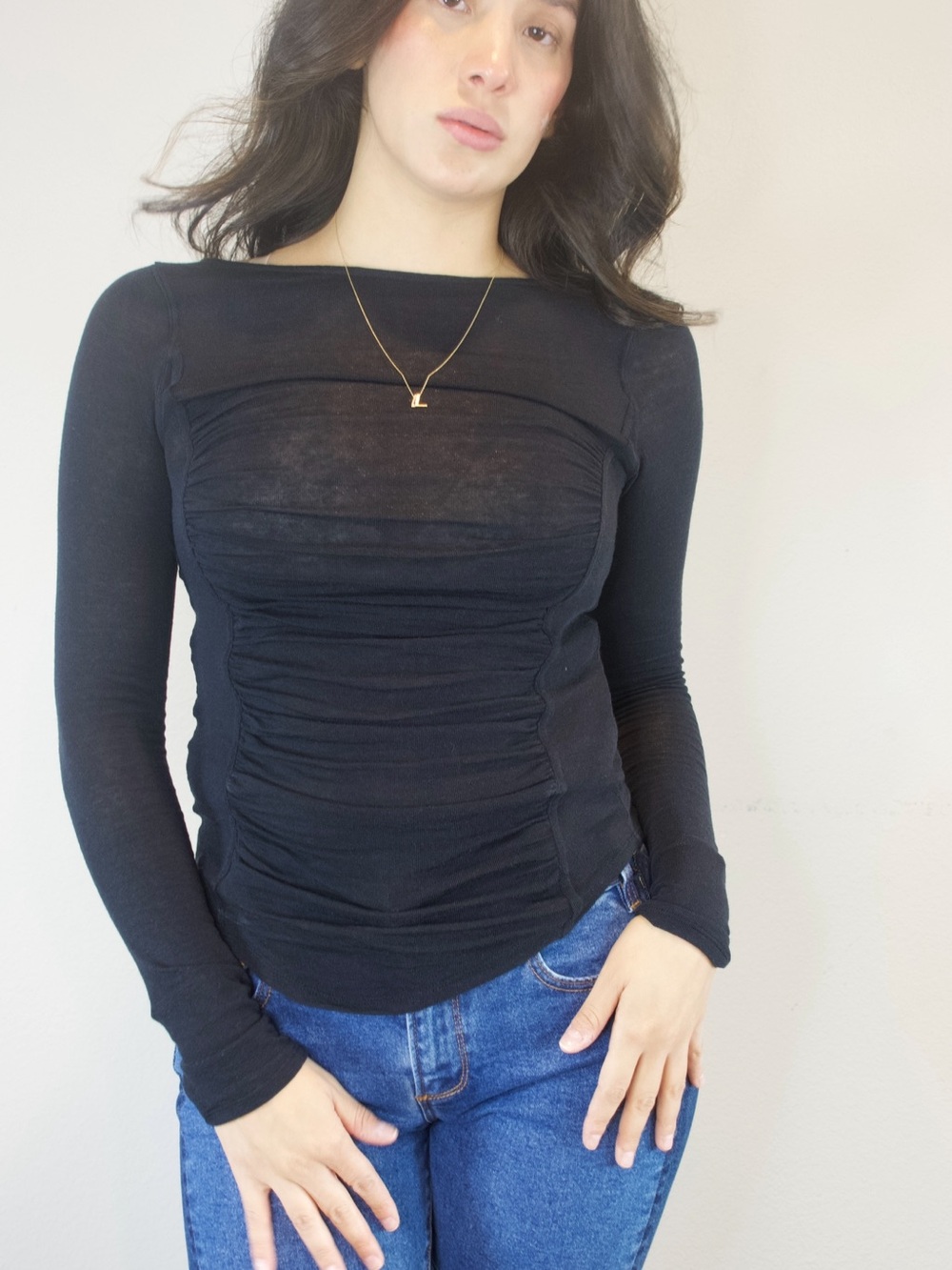 We The Free Free People Black Ruched Structured Neckline Long Sleeve Top Size S